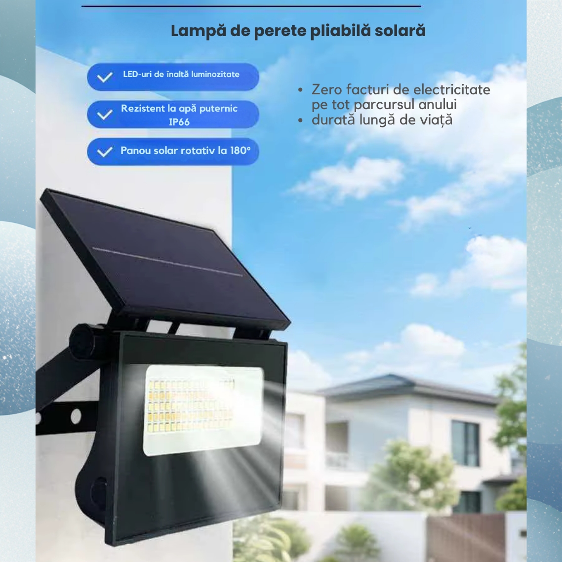 Proiector solar pliabil cu LED-uri, control prin telecomanda, IP65