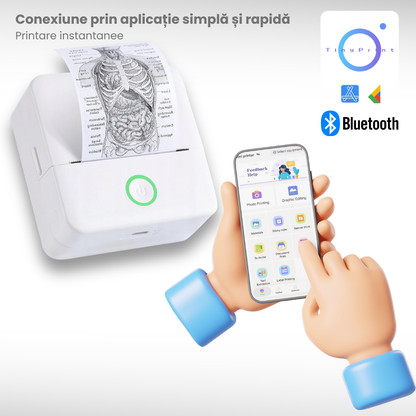 Imprimanta termica mini portabila Bluetooth 57mm, fara cerneala, imprimanta foto & etichete DIY pentru copii, aparat de buzunar cu aplicatie mobila + rola hartie