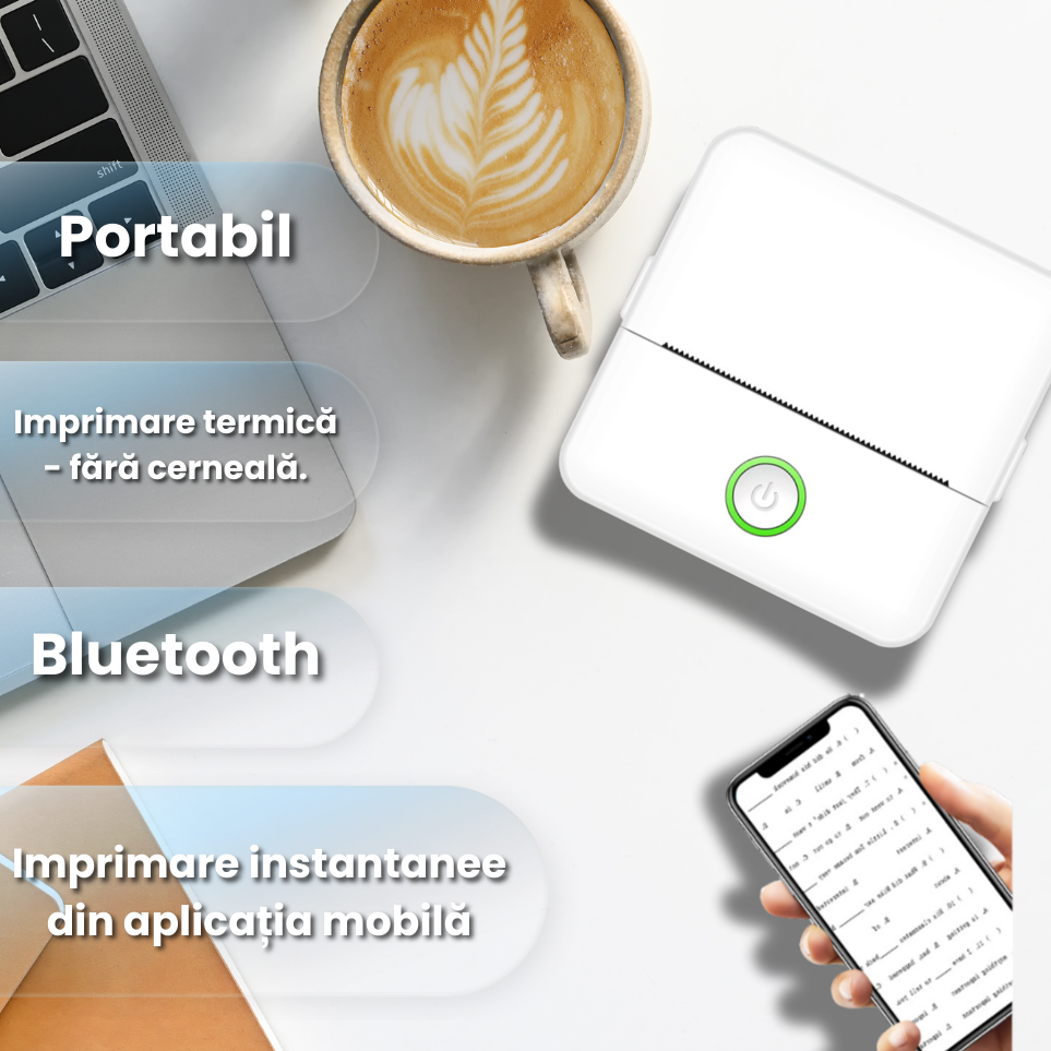 Imprimanta termica mini portabila Bluetooth 57mm, fara cerneala, imprimanta foto & etichete DIY pentru copii, aparat de buzunar cu aplicatie mobila + rola hartie