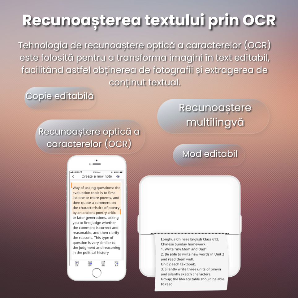 Imprimanta termica mini portabila Bluetooth 57mm, fara cerneala, imprimanta foto & etichete DIY pentru copii, aparat de buzunar cu aplicatie mobila + rola hartie